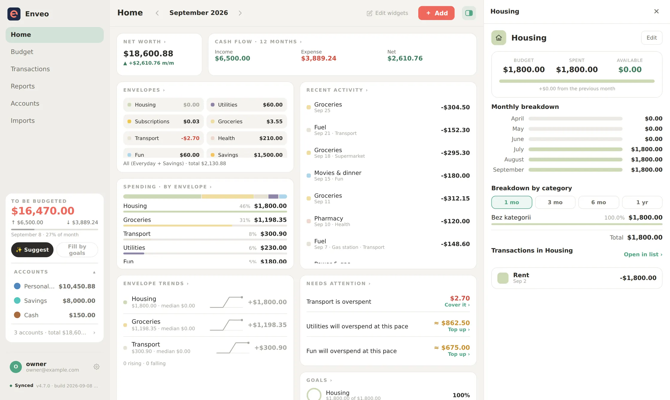 Enveo's desktop layout: a labelled rail, the home screen with widgets, and a detail pane showing the Housing envelope.