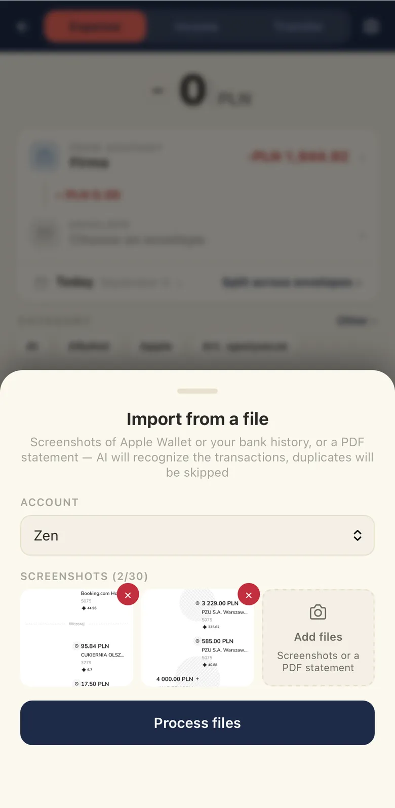 Enveo's import sheet: two bank screenshots added, an account chosen, and the Process files button.